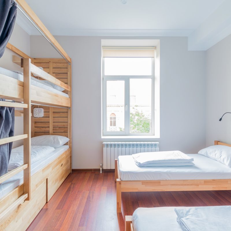Hostel,dormitory,beds,arranged,in,room